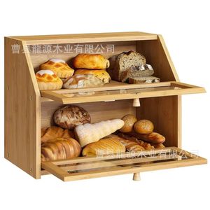 Boîte à pain en bois Longyuan à double couche avec étagère en verre pour le rangement de la cuisine - Product Image 1
