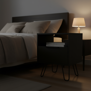 Mesita de Noche Skyoner de un Solo Cajón, Acabado Negro Wengue, Patas de Horquilla, Muebles Modernos para Dormitorio - Product Image 2