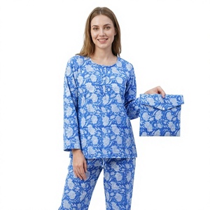 Ensemble de pyjama élégant pour femmes en coton 100% imprimé floral, col rond, tissu tricoté, manches longues, printemps été - Product Image 1