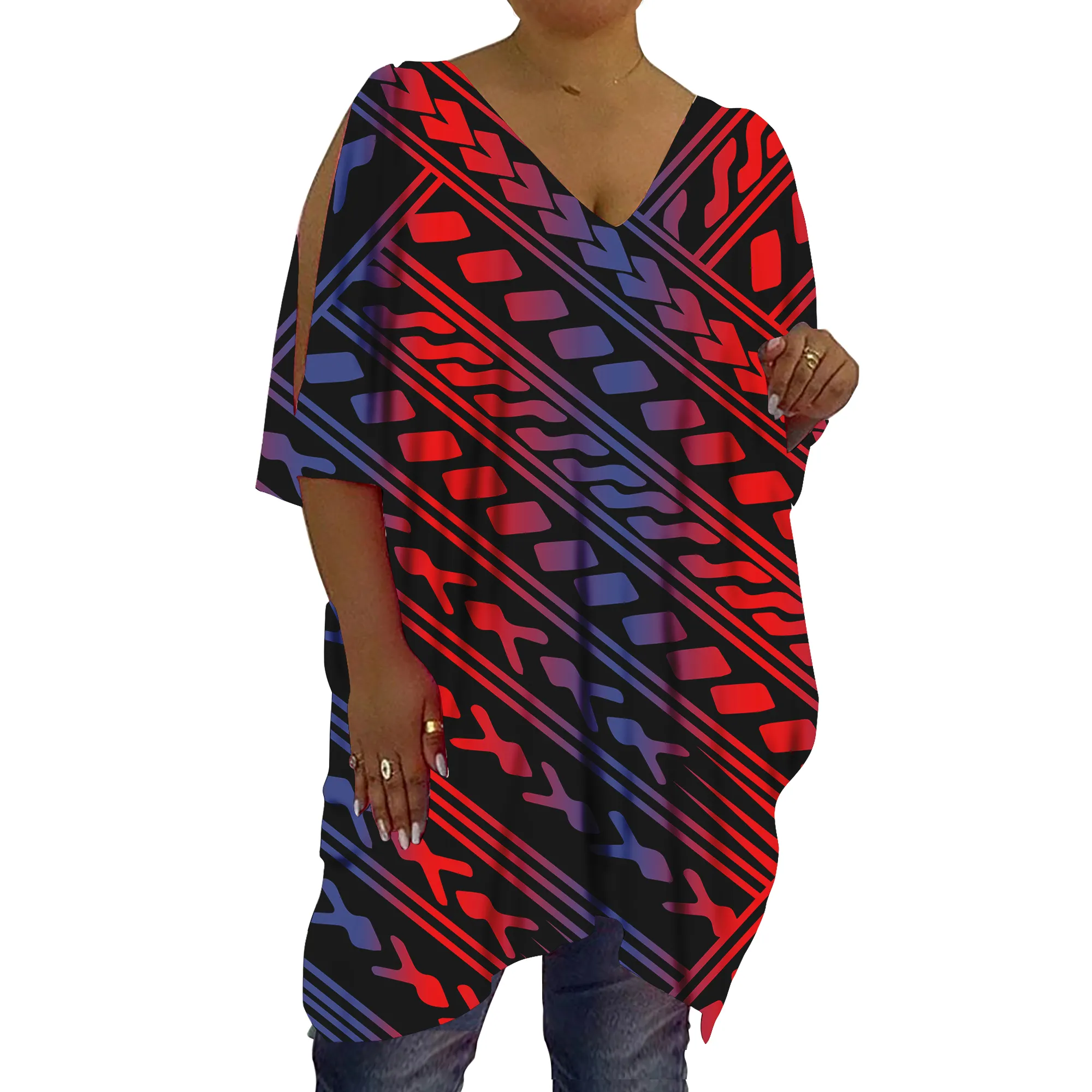 Camiseta con estampado personalizado para mujer, Tops Tribal polinesianos para mujer, camisetas de gran tamaño, Sexy Camiseta larga con cuello de pico profundo y hombros descubiertos 2022