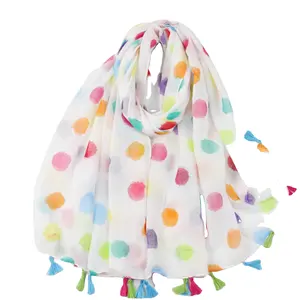 Breathable Rainbow Color Polka Dots Printed Scarves Balinese Silk Shawls Thin Fringed Silk Scarf Hijabs For Women