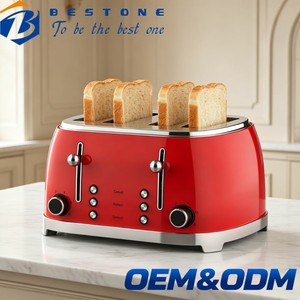 Tostadora BESTONE de 4 Rebanadas, Carcasa Metálica Roja, Función Automática de Descongelación, Recalentamiento y Cancelación, Uso Doméstico - Product Image 1