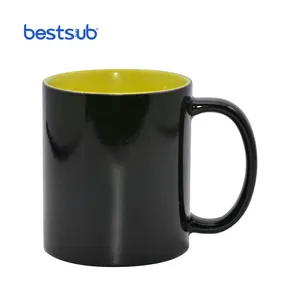 Bestsub branco personalizado de subolmação 11oz, caneca preta de mudança de cor interna amarela