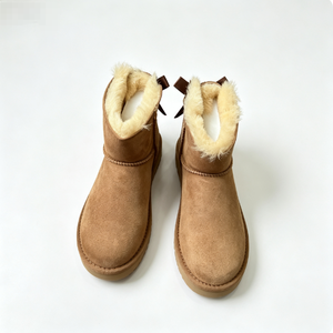 Faux Suede Winter Boots With <b>Bow</b> Decoration Round Toe Slip-On Plush Lining Rubber Outsole Anti-Slippery EVA Midsole - Product Image 2