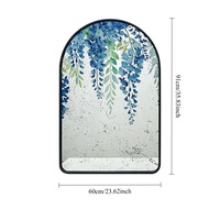 Miroir mural décoratif à cadre en fer noir cintrée, miroir de vanité artistique imprimé glycine bleue pour salle de bain, entrée et décoration intérieure