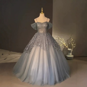 Elegant Light Blue Sequin Evening Gown With Puffy Skirt For Stage Performance Women Adult Size 12-17 - Product Image 4