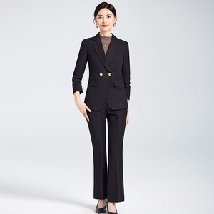 Women's Suit <b>Set</b> Burgundy Double Breasted Blazer Pants <b>Office</b> Lady Autumn Anti-Wrinkle Polyester Full Sleeve - Product Image 2