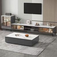 Meuble TV moderne en panneaux de bois écologiques avec rangement, pour salon, usage domestique, couleur crème, et ensemble de tables basses suspendues ou sur pieds