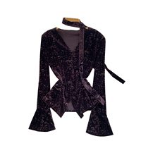 Chemisier élégant en velours à col en V pour femme, avec bretelles halter, manches cloche et fronces, coupe ajustée, idéal pour l'automne