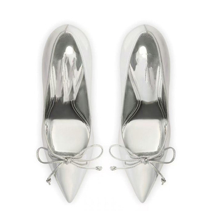 <b>Large</b> Size 46 Women Pointed Toe Solid Shoes High Thin Heels Silver Patent Sandals Dress Stiletto Wide Feet Front <b>Bow</b> Pumps - Product Image 5
