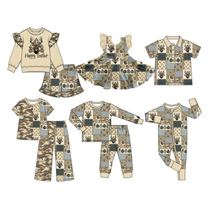 Tenues de Pâques personnalisées pour bébés filles et garçons, motif cerf et œufs camouflage, style sudiste, robes et barboteuses, vente en gros, pour frères et sœurs, en Spandex doux/Organique - Product Image 2