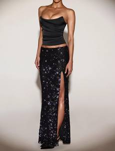 Ensemble deux pièces élégant en satin noir pour femme, avec bandeau et <span class=keywords><strong>jupe</strong></span> longue fendue à <span class=keywords><strong>sequins</strong></span>, idéal pour les invitées de mariage et les soirées cocktail - Product Image 5