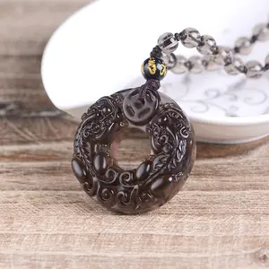 Unisex Retro Chinês Vento-Fosco Esculpido Casal Pingente De Gelo Natural Obsidiana Pixiu Ping 'An Buckle