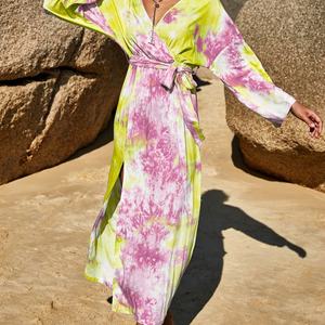 Wholesale Casual Sundress Female Beach Dress Midi Summer Beach Dress V-<b>neck</b> <b>Tie</b>-dye Print Maxi Dress - Product Image 4