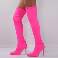 Bottes femme 2026 rose vif en tissu extensible, au-dessus du genou, sexy, ajustées, à bout pointu, talon aiguille ultra fin