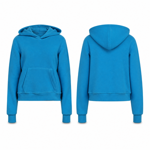 Sweat-shirt unisexe bleu à capuche, coupe droite, longueur courte, poche kangourou, capuche sans cordon, décontracté, couleur unie, en molleton tricoté - Product Image 6