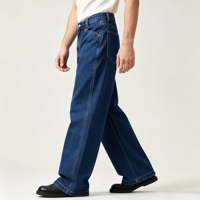 Jean en denim bleu foncé pour homme Amber Stitch, coupe ample à jambe large, cinq poches, passants de ceinture, rivets, pour usage quotidien