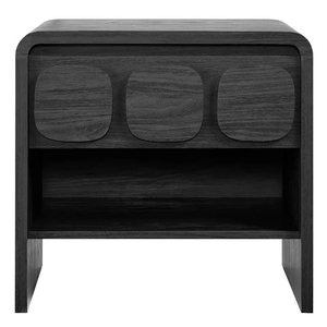Modern Black Curved Edge Wooden <strong>Bedside</strong> <strong>Table</strong> with Single <strong>Circular</strong> Pattern Design Drawer and Open Shelves Nightstand for Bedroom - Product Image 4