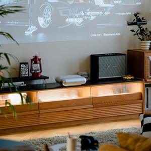 Meuble TV sur pied en bois de cerisier 1,8 m avec plateau en pierre noire et rangement, meuble de salon - Product Image 1