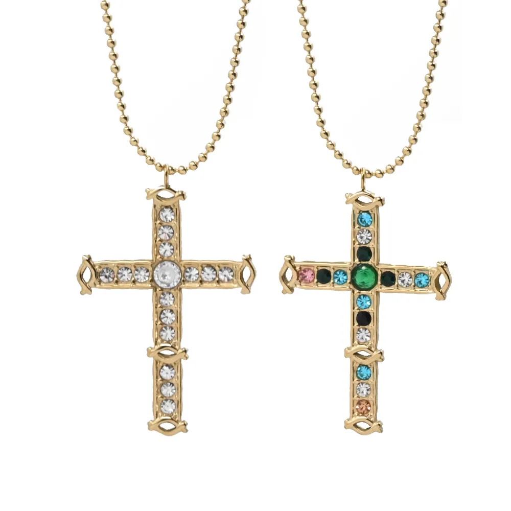 Gioielli di moda in oro placcato in acciaio inox catena di perline di colore zirconi croce Jesus collana pendente