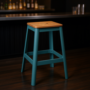 Tabouret de bar bleu turquoise avec assise en bois, structure en métal, design moderne pour usage domestique ou commercial - Product Image 2