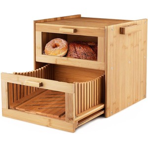 Bamboo <b>Bread</b> Box Double Layer Wooden Storage With Slicer For Kitchen Countertop - Product Image 1