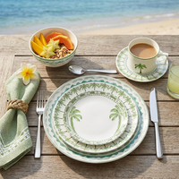 Service de table en céramique personnalisé motif palmier vert, assiettes en porcelaine fine de diverses formes, tasses à thé et à café, soucoupes, ensemble de vaisselle