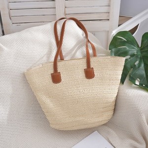 Sac fourre-tout en papier tressé, forme trapèze, couleur unie, en paille, sac de plage pour femme, fermeture ouverte, pochette pour téléphone - Product Image 2