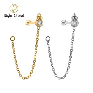 Threadless Push Pin CZ Labret Tassel Stud Earring with Connector Chain Helix Cartilage Piercing
