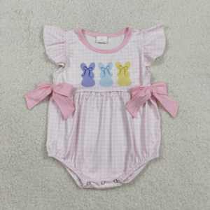 SR3767 RTS Combinaison courte à manches courtes pour bébé garçon, motif lapin de Pâques à carreaux rose, vente en gros - Product Image 1
