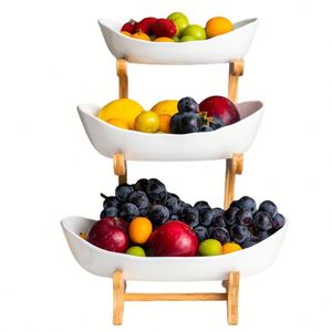 Plat de service en céramique avec cadre en bambou pour fruits, légumes, noix et collations - Product Image 4