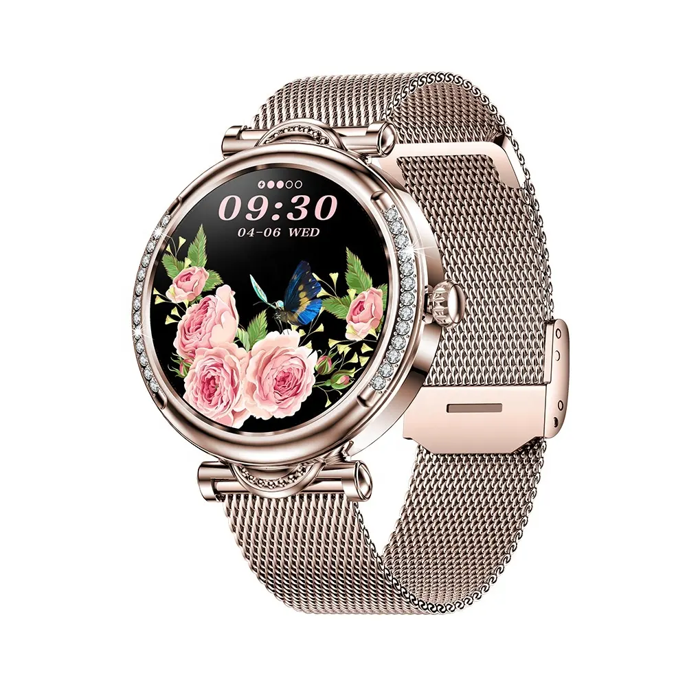 2024 Moda BT Chamada 1.27 polegadas Rodada Luxo Diamante CF32 Senhoras Relógio Inteligente Pulseira Relógios De Aço De Ouro para As Mulheres