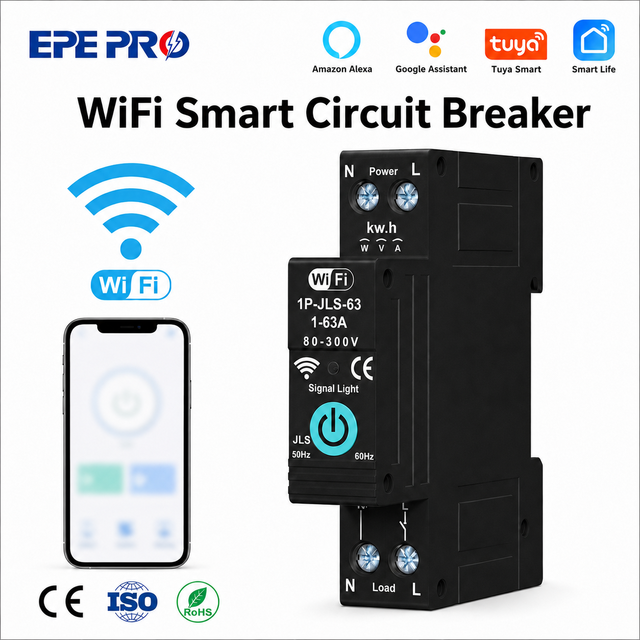 EPEPRO Tuya Smart Mini 1P 63A 110V/220V Wifi MCB Circuit Breaker Remote Control Timer 6ka Over-Under Voltage Over-Current