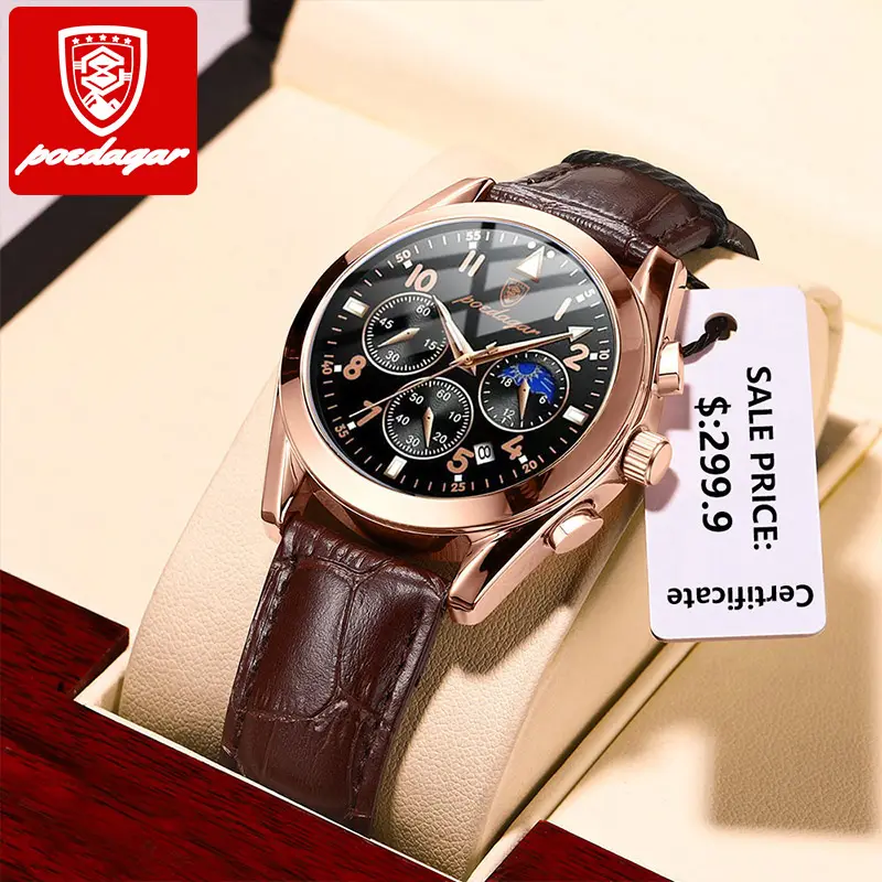 Poedagar816カスタムシンプルファッション男性クロノグラフ時計中国クォーツ鋼時計高級部品価格卸売防水時計