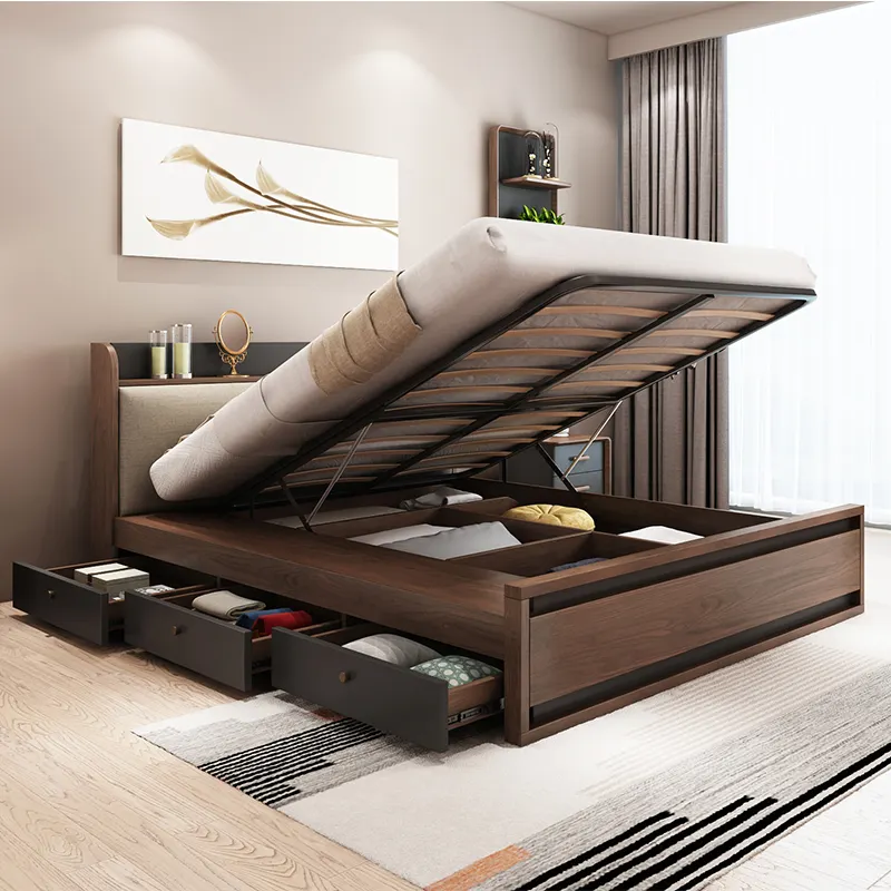 Modern Bedroom Furniture Penyimpanan Tempat Tidur Double dengan Antarmuka USB dan Laci Kain Kepala Tempat Tidur Tempat Tidur Kayu