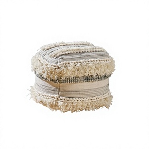 Handcrafted Boho Style Macrame Pouf <b>Stool</b> Cream Color Square Shape Jute Material Living Room Decor - Product Image 1