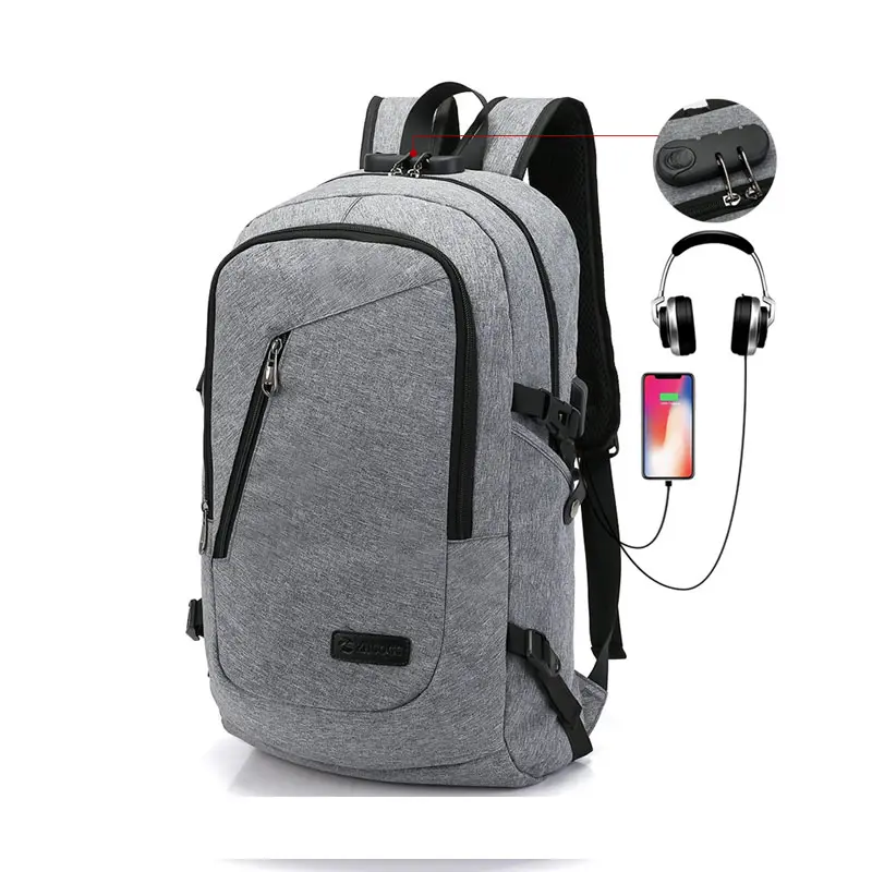 حقيبة ظهر مخصصة للرجال من البوليستر بمنفذ USB للسفر للمدرسة، حقائب ظهر مع قفل للحواسيب المحمولة مضادة للسرقة