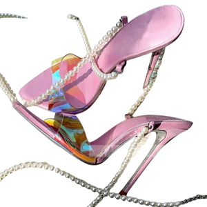 Sandales à talons hauts en PVC coloré pour femmes, grande taille 45, avec bride de cheville perlée, bout pointu, pour soirée, mules personnalisées à talon aiguille - Product Image 6