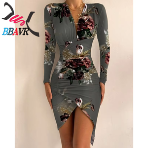 BBAVR Robe moulante grise à imprimé floral pour femme, manches longues, col en V, robe fourreau tendance printemps avec ourlet asymétrique - Product Image 1