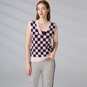 Gilet en tricot à carreaux pour femme, en laine et cachemire de luxe, style color block, col en V, sans manches, style preppy - Product Image 1