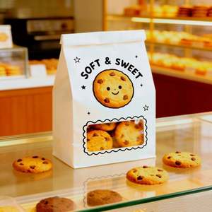 Sacs de boulangerie en papier kraft blanc biodégradable et recyclé, avec fenêtre et fermeture à languette rose, pour biscuits, chocolats et bonbons - Product Image 1