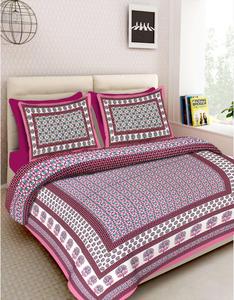 <b>Pink</b> And Maroon Printed <b>Bedding</b> Set With Geometric Tree Pattern <b>Double</b> Size Cotton Bed Sheet And Pillow Covers - Product Image 1