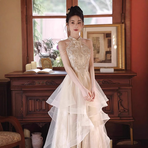 Halter-neck Evening Gown Champagne Color Empire Waist 3D Patterns Coming-of-age Ceremony Dress - Product Image 1