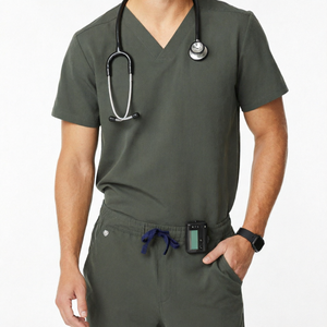Haut de blouse médicale vert olive à col en V pour homme avec poche pour stéthoscope et taille à cordon, ensemble uniforme d'hôpital - Product Image 1