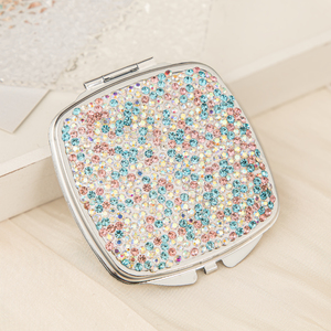 Portable Pastel Colorful Rhinestone Pocket Vanity <b>Mirror</b> Chrome Silver Frame Push Button Latch Dual HD Glass <b>Mirror</b> Wholesale - Product Image 1