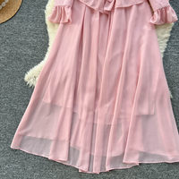 Robe décontractée élégante pour femme WIWT en mousseline rose à manches longues, à volants, coupe trapèze, avec décorations en strass, pour tous les jours et les soirées