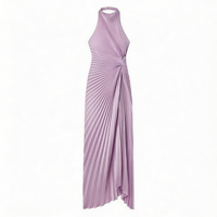 Robe asymétrique plissée en mousseline de soie violette pour femme, sans manches, col halter, détail noué, style décontracté pour soirée, froncée, ODM