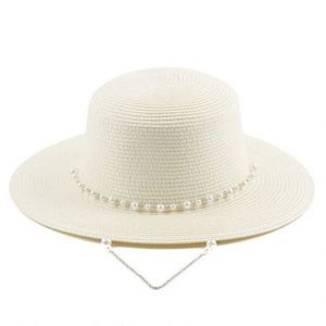 Wholesale Seaside Sunshade Paper Sun Beach <b>Hats</b> <b>Flat</b> Round Top Womens Straw <b>Hats</b> With Pearl Chain - Product Image 6