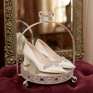 Spark Rhinestone <b>Satin</b> Party Heels Pointed Toe Block Heel Slip On Elegant Formal <b>Wedding</b> Bridal Footwear - Product Image 1