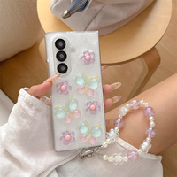 Coque de téléphone transparente en résine époxy avec motif papillon et fleur pastel pour Galaxy Z Fold 7-4, avec dragonne à perles de cristal, compatible Z Flip 8-3